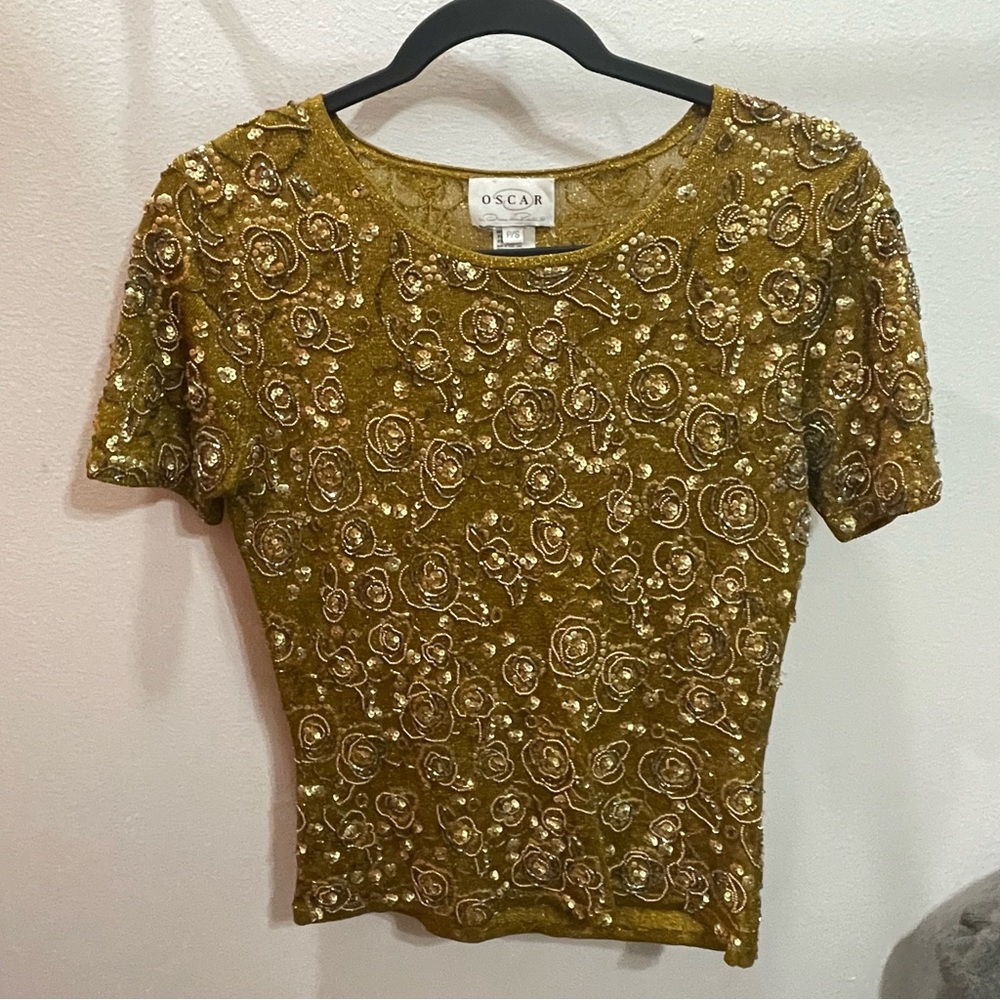 Oscar de la Renta Gold Floral Embellished Blouse
